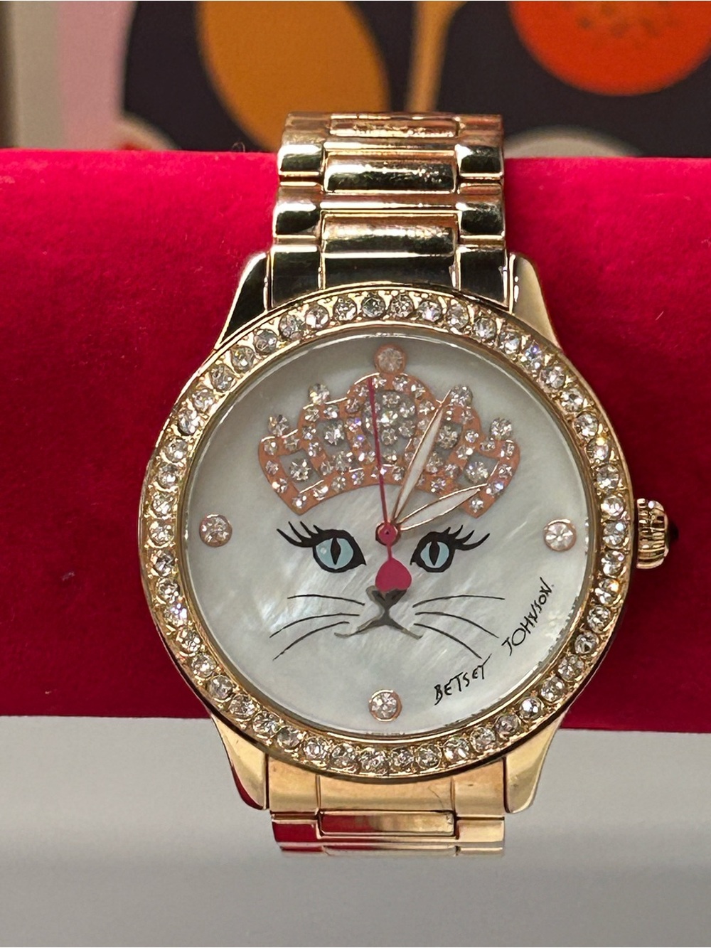 Betsey Johnson gold tone white mother of pearl cat queen watch. Fresh battery.